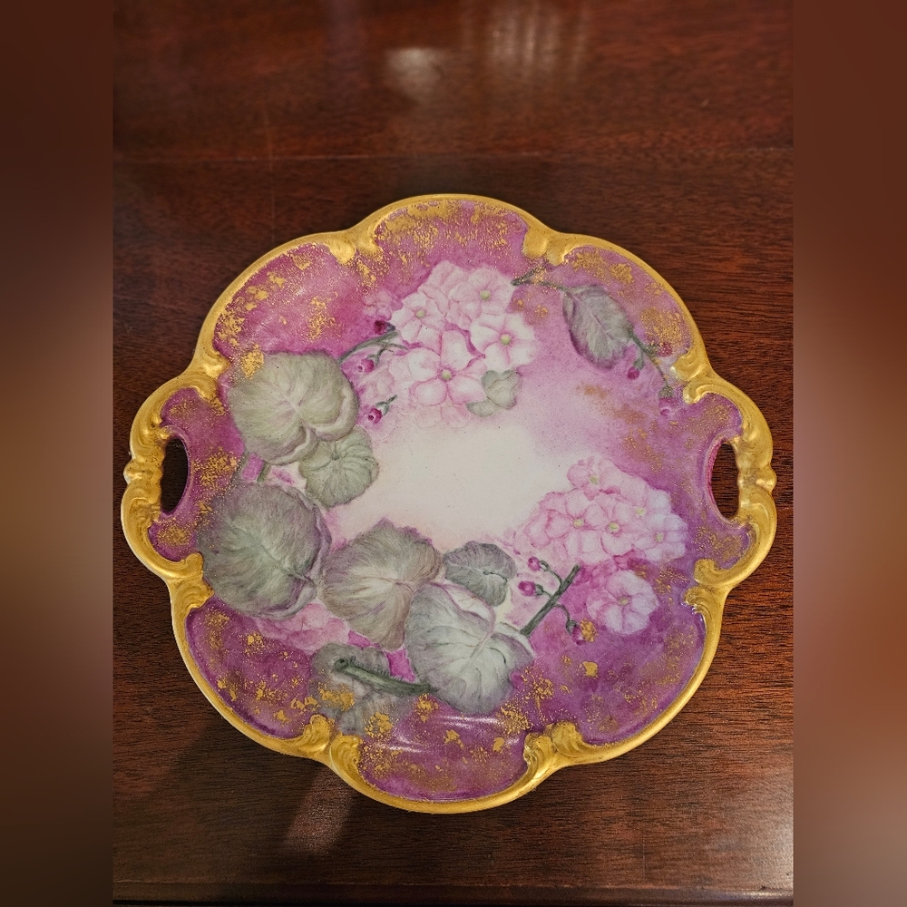 Tirschenreuth Bavaria Hand Painted Handled Plate Gold Accents 11" Vintage
